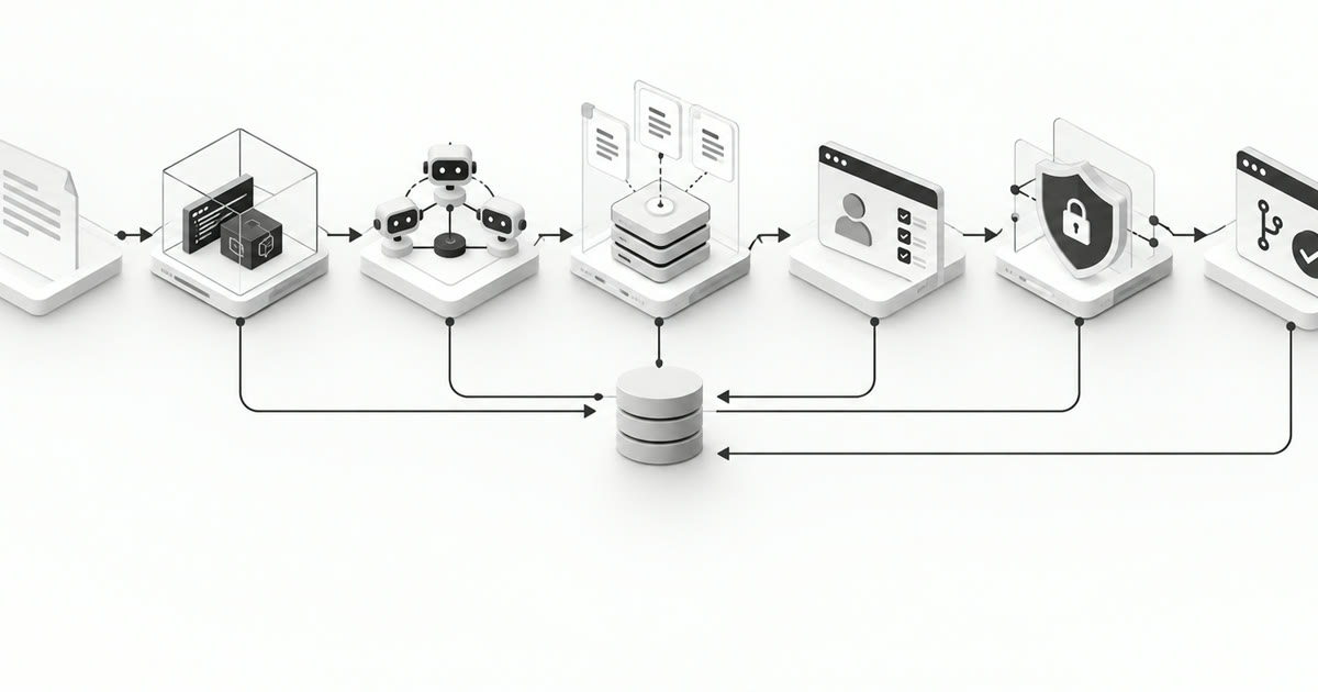 A software request moving through connected agent, context, verification, governance, and learning workstations.