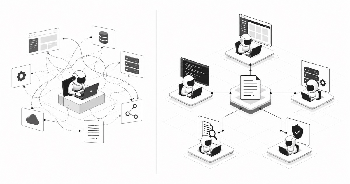 One isolated coding agent contrasted with a coordinated team of agents sharing a contract across systems.