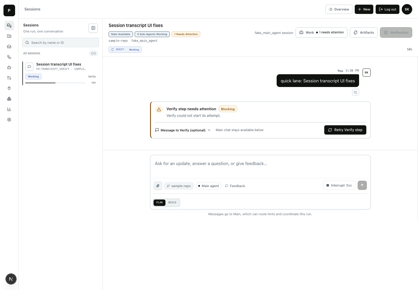 Prinevo Verify step blocked and offering a retry path in a sample session.