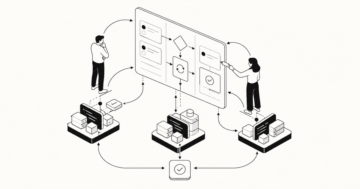 Conceptual black-and-white illustration of two people steering three agent workstations through a shared delivery board, decisions, and verification feedback.