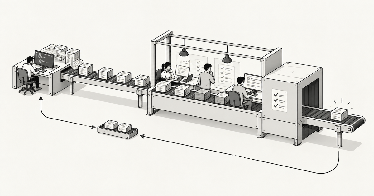 Conceptual black-and-white illustration of changes moving through coding, review, testing, and delivery stations, with a queue and a feedback path.