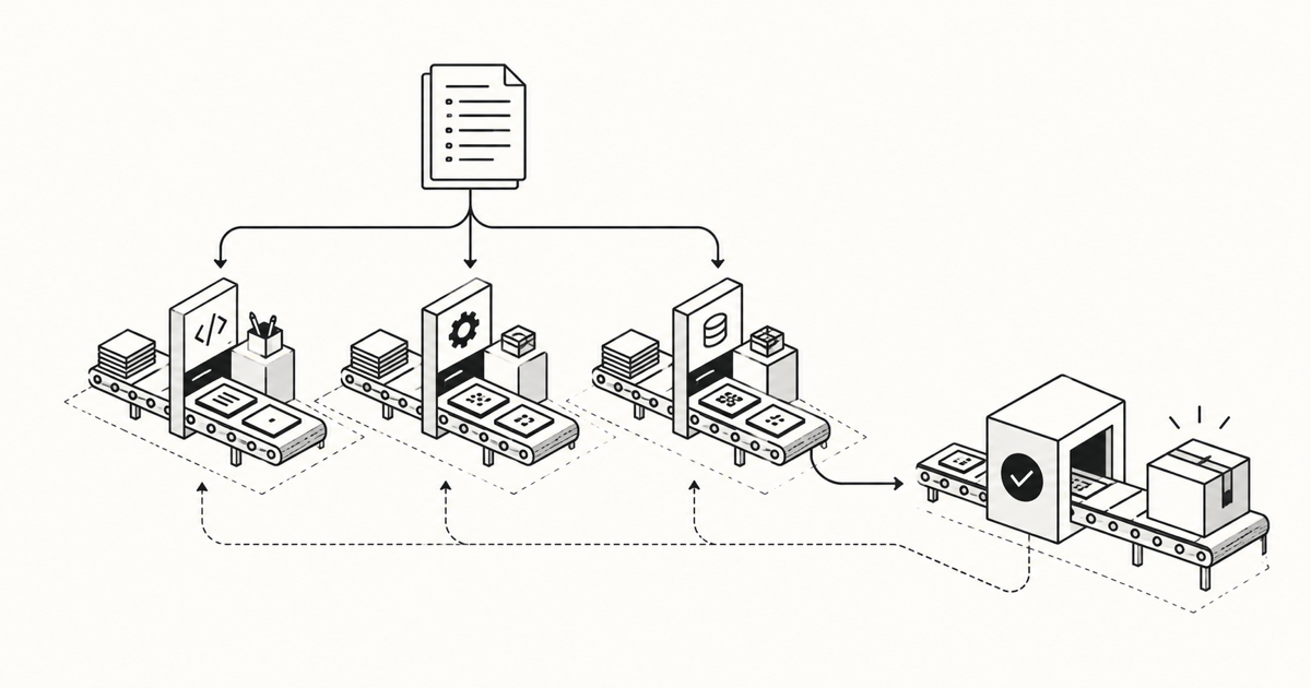 Conceptual black-and-white software factory illustration with one shared specification, three parallel work lanes, and a verification checkpoint with a feedback loop.