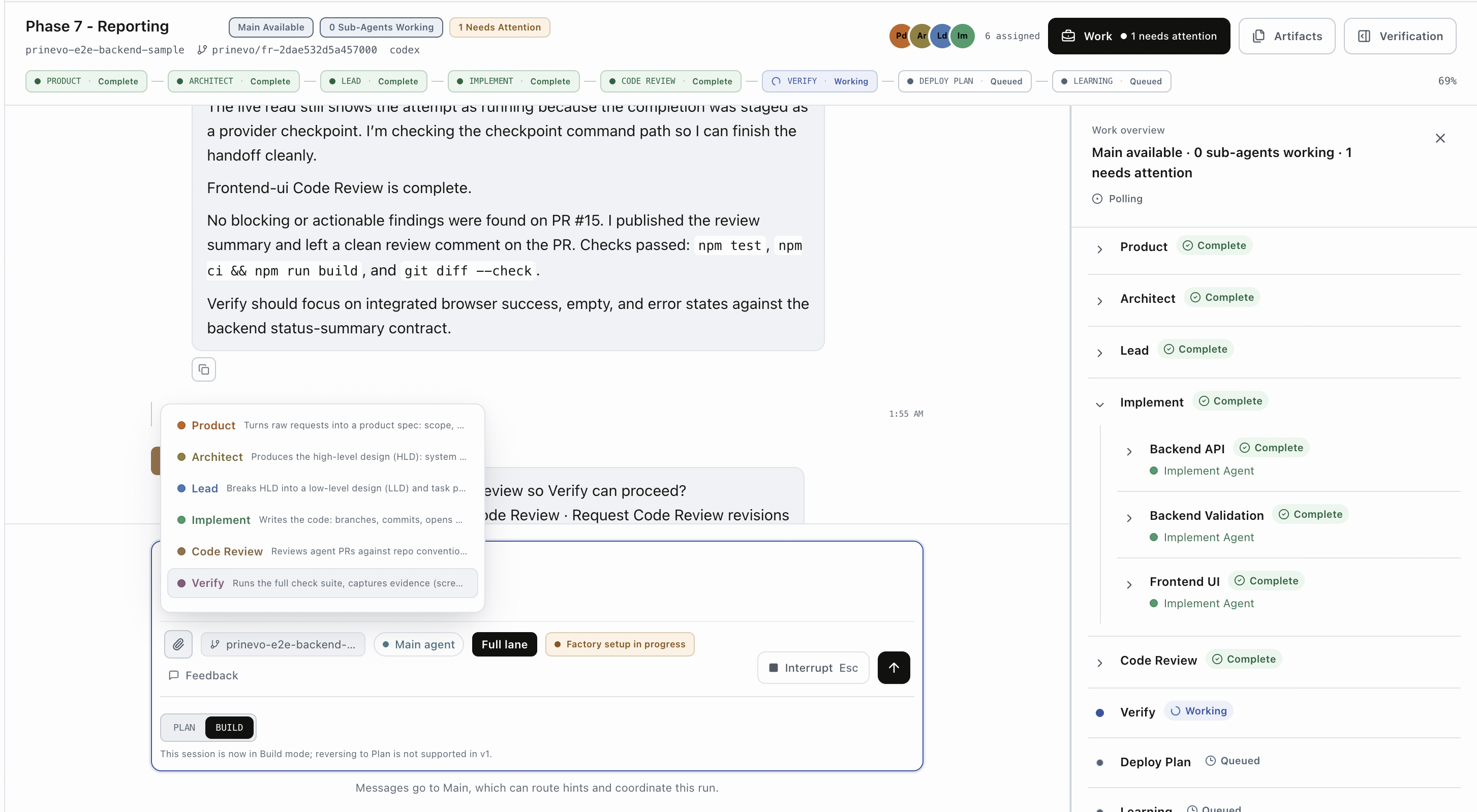 Prinevo delivery run with parallel backend and frontend implementation agents, code review, verification, and human-attention status