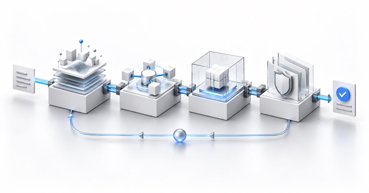 Conceptual software factory path from request to verified change, with a return path for reviewed learning